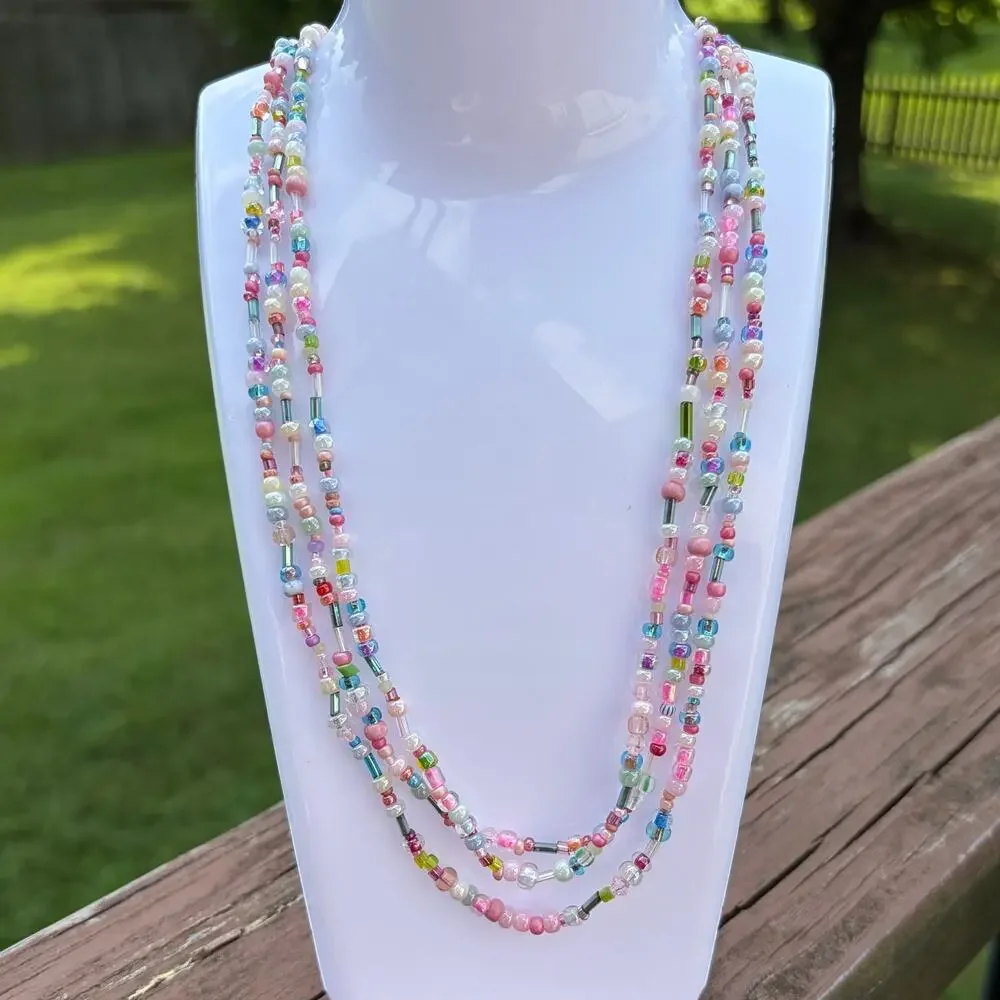 Boho Pastel Multi-Strand Glass Seed Bead Necklace – 3-Row Layered Statement 18